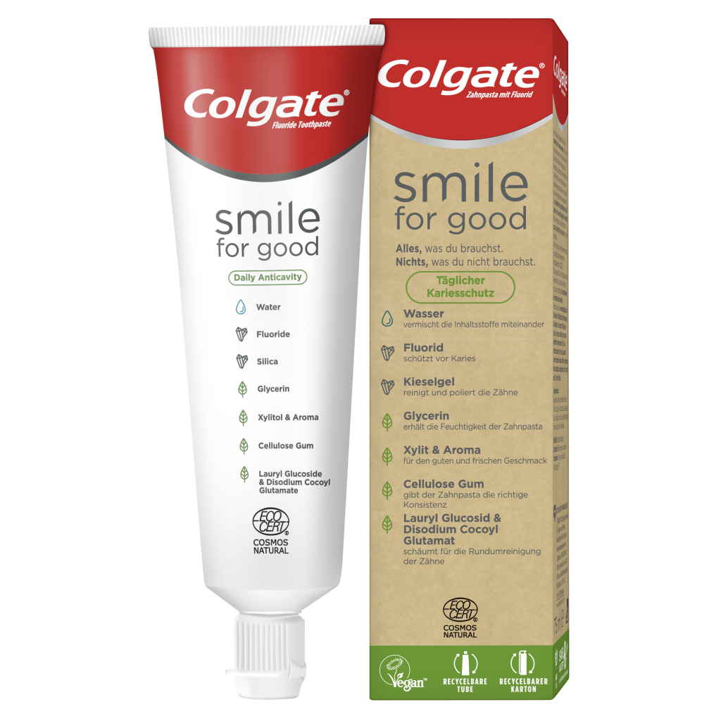 Colgate_Smile for Good Zahnpasta und Verpackung_Kariesschutz_75 ml_©CP GABA_fA